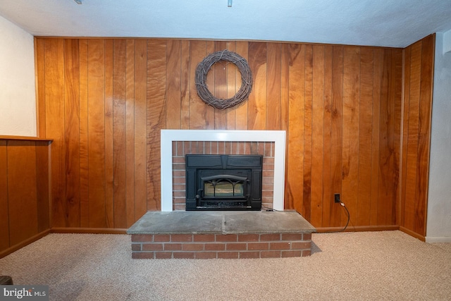 643 Crestwood Rd, Wayne, PA 19087 - detailed view of carpet flooring, wood walls, and a brick fireplace