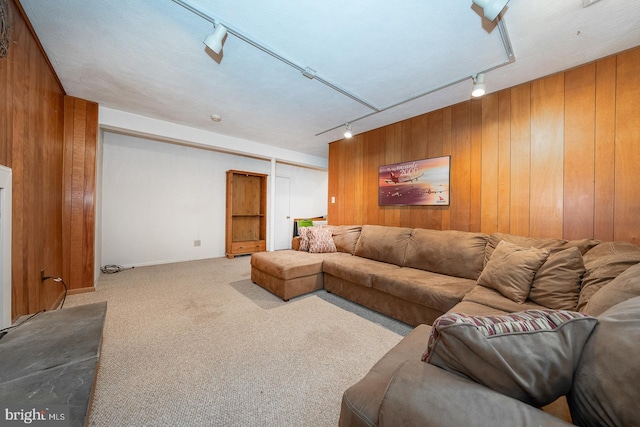 643 Crestwood Rd, Wayne, PA 19087 - living room featuring track lighting, wooden walls, and carpet