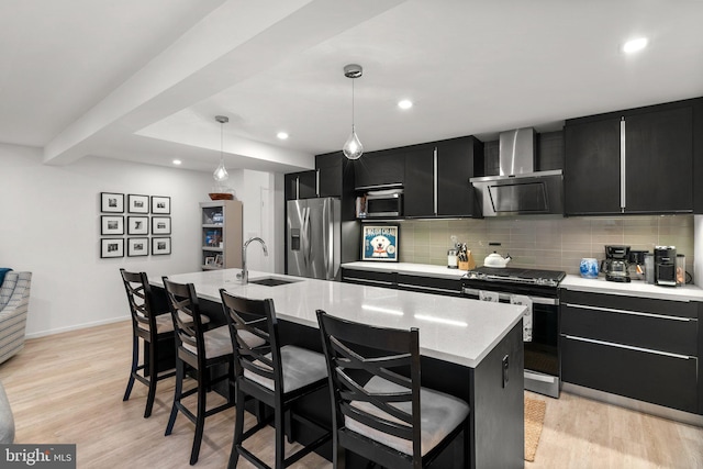 2815 39th St NW, Washington, DC 20007 - kitchen featuring appliances with stainless steel finishes, dark cabinetry, wall chimney range hood, light countertops, and backsplash