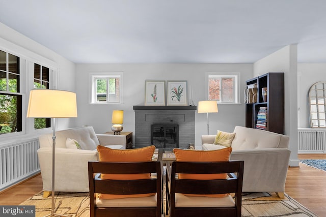 2815 39th St NW, Washington, DC 20007 - living room with a fireplace, light wood-style flooring, and radiator heating unit