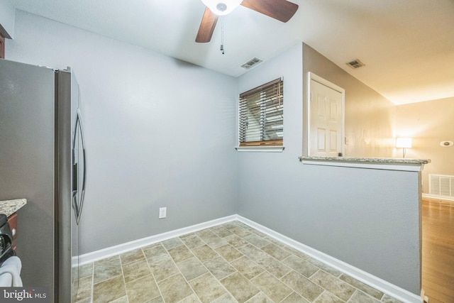 1043 Tristram Cir, Mantua, NJ 08051 - kitchen featuring stainless steel refrigerator with ice dispenser, ceiling fan, and a peninsula