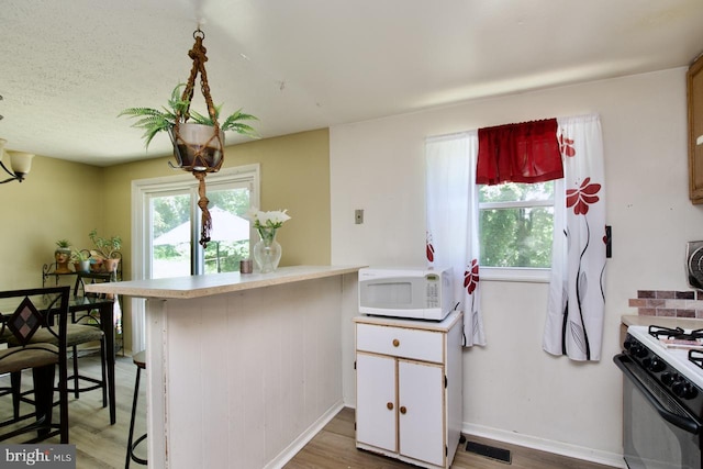 12518 Tove Rd, Clinton, MD 20735 - kitchen with white microwave, gas stove, light wood-type flooring, and plenty of natural light
