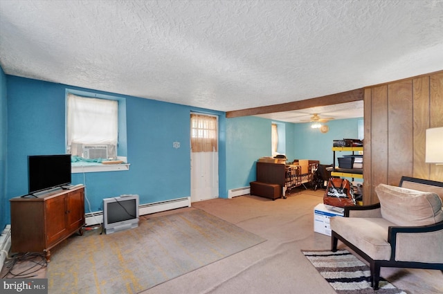 2605 N Sherman St, York, PA 17406 - living area with a baseboard radiator, a textured ceiling, cooling unit, and carpet floors