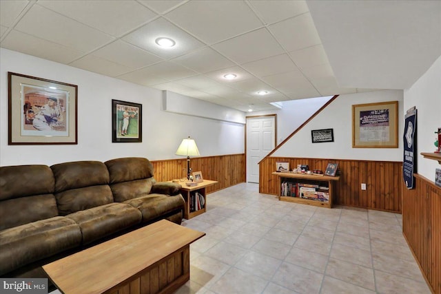 32 Duffield Dr, Lititz, PA 17543 - living area with a wainscoted wall, wood walls, a drop ceiling, and recessed lighting