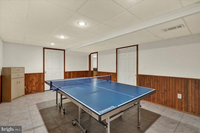 32 Duffield Dr, Lititz, PA 17543 - recreation room with wainscoting, wooden walls, a paneled ceiling, and recessed lighting
