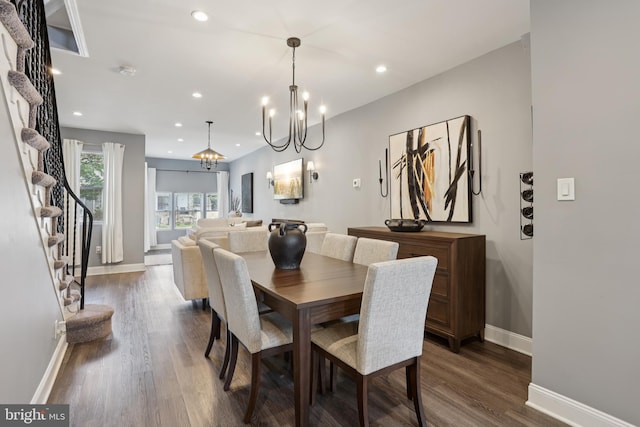 7357 E Walnut Ln, Philadelphia, PA 19138 - dining space featuring a chandelier, stairway, dark wood-type flooring, and recessed lighting