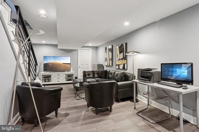 7357 E Walnut Ln, Philadelphia, PA 19138 - living area featuring wood finished floors, recessed lighting, and stairs