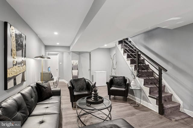 7357 E Walnut Ln, Philadelphia, PA 19138 - living area with stairway, wood finished floors, and recessed lighting
