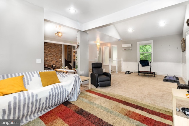 3789 Spring Rd, Carlisle, PA 17013 - living room featuring carpet floors, wainscoting, a wall mounted air conditioner, and recessed lighting