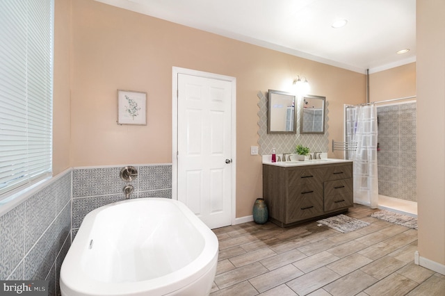 3789 Spring Rd, Carlisle, PA 17013 - bathroom featuring vanity, a tile shower, a freestanding bath, and recessed lighting