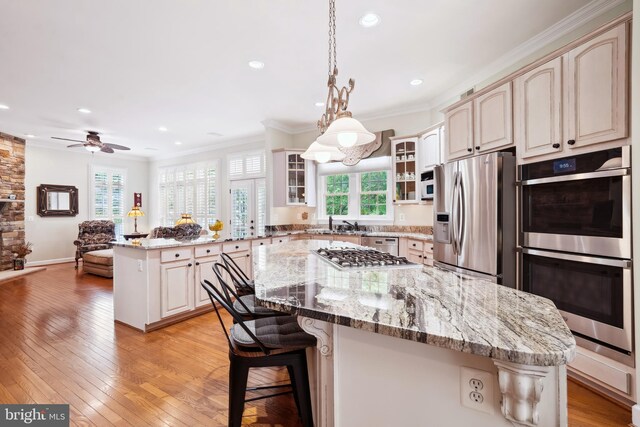 114 Lake St, Gaithersburg, MD 20878 - kitchen with appliances with stainless steel finishes, a peninsula, glass insert cabinets, ornamental molding, and light wood finished floors