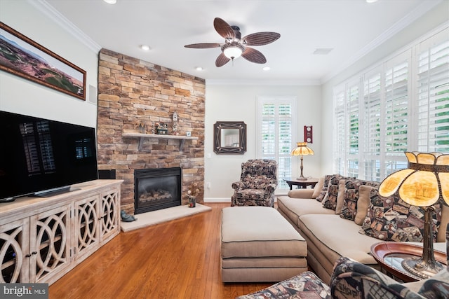 114 Lake St, Gaithersburg, MD 20878 - living room with ceiling fan, a fireplace, wood finished floors, crown molding, and recessed lighting
