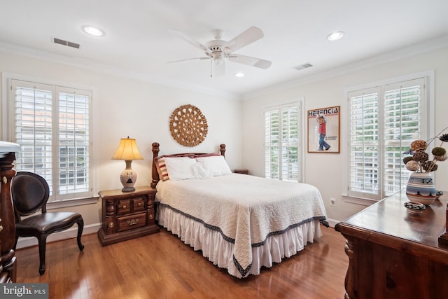114 Lake St, Gaithersburg, MD 20878 - bedroom featuring wood finished floors, multiple windows, crown molding, recessed lighting, and a ceiling fan