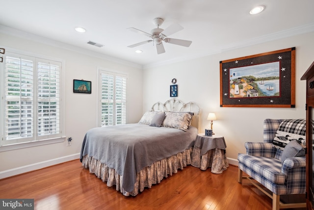 114 Lake St, Gaithersburg, MD 20878 - bedroom featuring wood finished floors, ornamental molding, recessed lighting, and ceiling fan