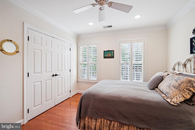 114 Lake St, Gaithersburg, MD 20878 - bedroom featuring light wood-style floors, crown molding, recessed lighting, and ceiling fan