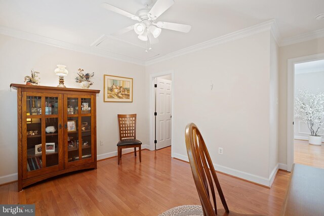 114 Lake St, Gaithersburg, MD 20878 - sitting room featuring light wood finished floors, crown molding, and ceiling fan