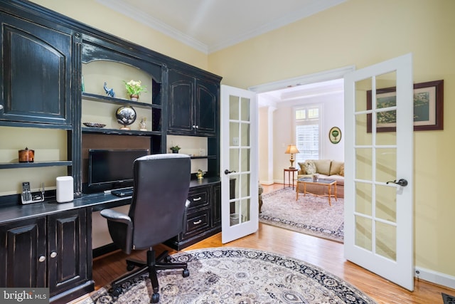 114 Lake St, Gaithersburg, MD 20878 - home office featuring french doors, ornamental molding, and light wood-type flooring
