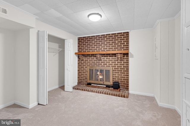 18659 Sandpiper Ln, Gaithersburg, MD 20879 - unfurnished living room with carpet, a brick fireplace, and ornamental molding