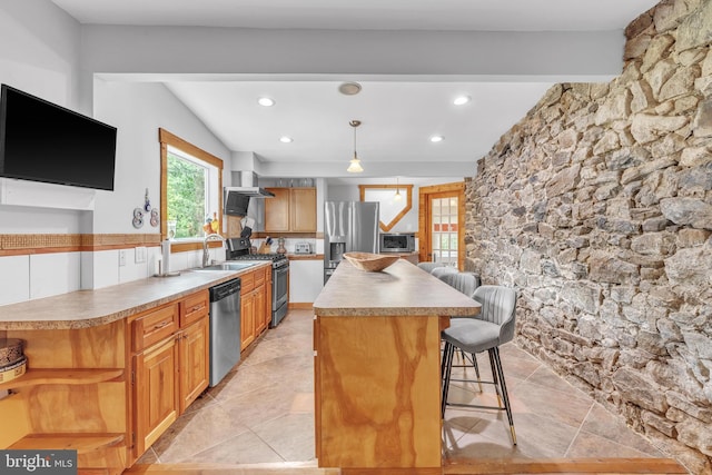 277 W Baltimore Pike, Media, PA 19063 - kitchen featuring appliances with stainless steel finishes, a center island, recessed lighting, a kitchen breakfast bar, and decorative light fixtures