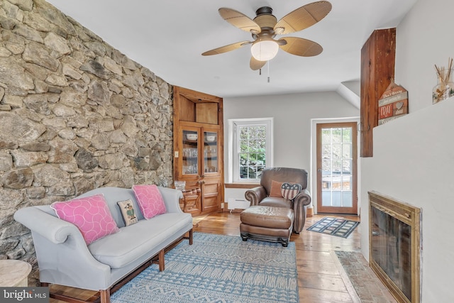277 W Baltimore Pike, Media, PA 19063 - living room featuring hardwood / wood-style flooring, a ceiling fan, and a glass covered fireplace