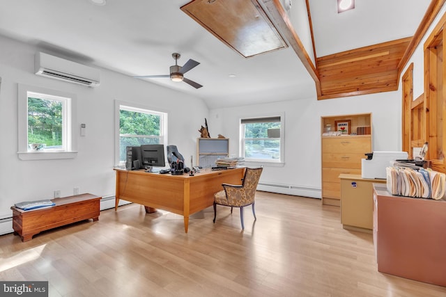 277 W Baltimore Pike, Media, PA 19063 - home office with a wall mounted air conditioner, a baseboard heating unit, ceiling fan, light wood finished floors, and a baseboard radiator