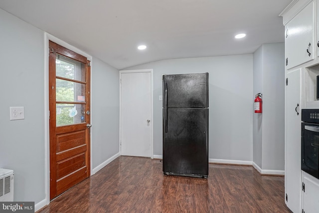 328 Spruce St, Bridgeton, NJ 08302 - kitchen with black appliances, dark wood finished floors, white cabinets, recessed lighting, and lofted ceiling