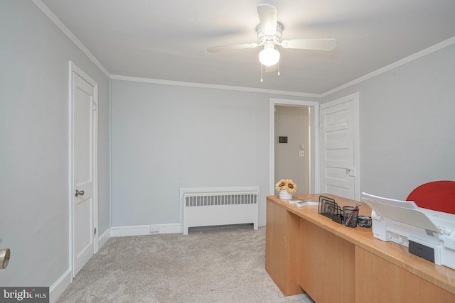328 Spruce St, Bridgeton, NJ 08302 - office area featuring radiator heating unit, ceiling fan, light carpet, and crown molding