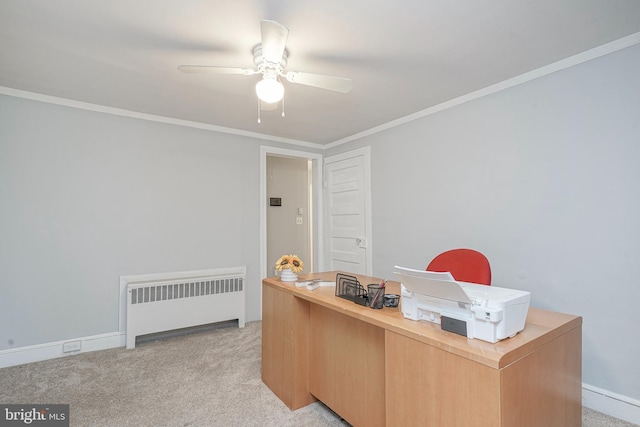 328 Spruce St, Bridgeton, NJ 08302 - home office with radiator heating unit, ceiling fan, light carpet, and crown molding