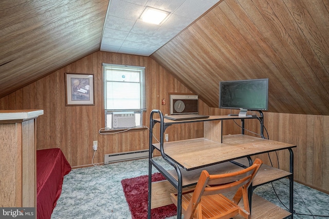 328 Spruce St, Bridgeton, NJ 08302 - additional living space featuring a baseboard radiator, wooden walls, vaulted ceiling, cooling unit, and carpet floors