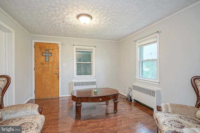 328 Spruce St, Bridgeton, NJ 08302 - living area featuring radiator heating unit, wood finished floors, and crown molding