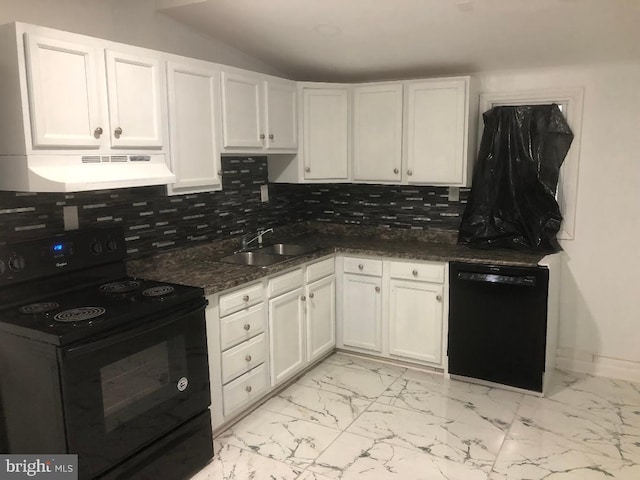 308 E 23rd St, Wilmington, DE 19802 - kitchen with black appliances, range hood, backsplash, white cabinetry, and lofted ceiling