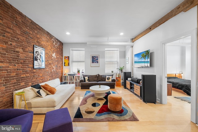 114 Naudain St Unit A, Philadelphia, PA 19147 - living room with light wood-style flooring, brick wall, and recessed lighting
