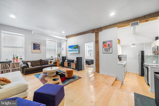 114 Naudain St Unit A, Philadelphia, PA 19147 - living area with light wood finished floors, a ceiling fan, and recessed lighting