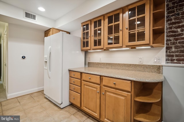 1240 Girard St NW, Washington, DC 20009 - kitchen featuring open shelves, white refrigerator with ice dispenser, light tile patterned flooring, brown cabinets, and glass insert cabinets