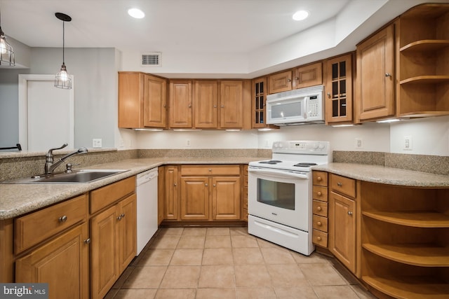1240 Girard St NW, Washington, DC 20009 - kitchen with white appliances, open shelves, brown cabinetry, light tile patterned floors, and pendant lighting