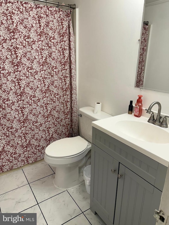 2212 Cove Rd, Pennsauken, NJ 08110 - full bath featuring marble look tiles, vanity, and a shower with shower curtain