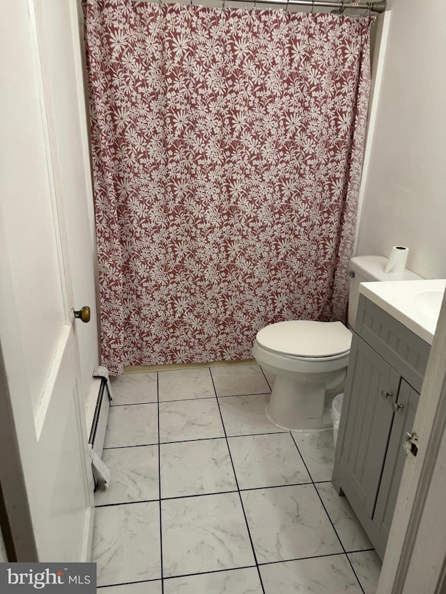 2212 Cove Rd, Pennsauken, NJ 08110 - full bathroom featuring vanity, a baseboard radiator, and curtained shower