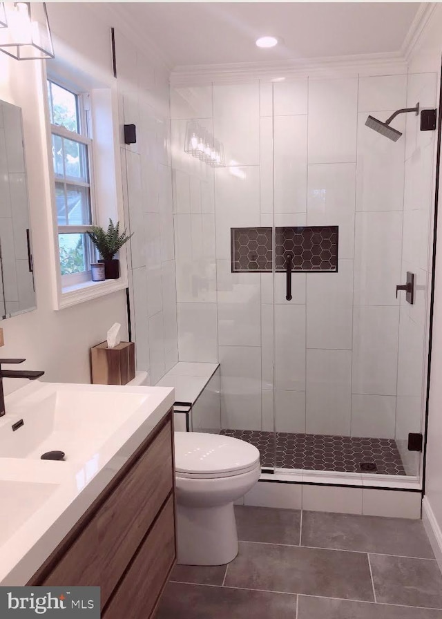 102 Wildflower Ct, Wenonah, NJ 08090 - full bathroom featuring crown molding, tile patterned flooring, vanity, and a stall shower