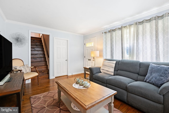 478 Alexander Ave, Maple Shade, NJ 08052 - living room with stairway, crown molding, and wood finished floors