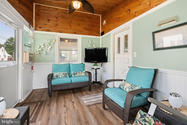 478 Alexander Ave, Maple Shade, NJ 08052 - sitting room featuring a wainscoted wall, wood finished floors, ceiling fan, and wooden ceiling