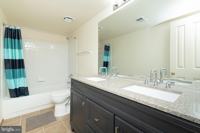 5819 Stream Pond Ct, Centreville, VA 20120 - bathroom featuring shower / bath combo with shower curtain, double vanity, and tile patterned floors