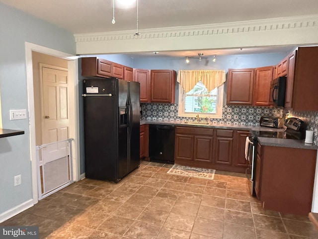 52 Henderson Ln, Willingboro, NJ 08046 - kitchen featuring black appliances, dark countertops, tasteful backsplash, and light stone finish floors
