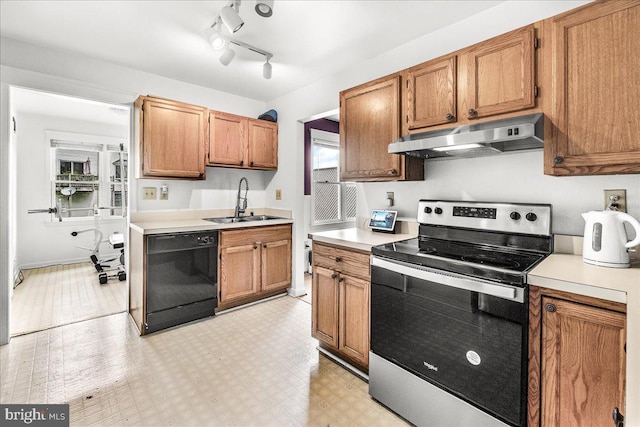 606 Knightsbridge Dr, Hagerstown, MD 21740 - kitchen featuring stainless steel electric range, black dishwasher, under cabinet range hood, light countertops, and brown cabinetry