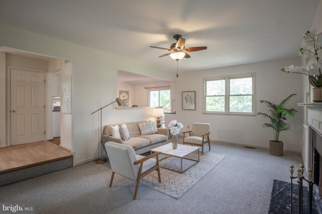 505 Country Pointe Cir, Perkasie, PA 18944 - living area with carpet floors, ceiling fan, and a fireplace