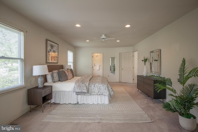 505 Country Pointe Cir, Perkasie, PA 18944 - bedroom featuring light carpet, recessed lighting, ensuite bathroom, and ceiling fan