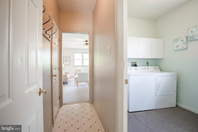 505 Country Pointe Cir, Perkasie, PA 18944 - laundry area featuring washer and dryer, cabinet space, light flooring, and ceiling fan