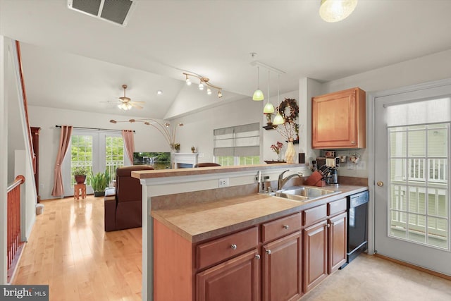 2044 Astilbe Way Unit 2044, Odenton, MD 21113 - kitchen featuring dishwashing machine, lofted ceiling, a peninsula, open floor plan, and ceiling fan