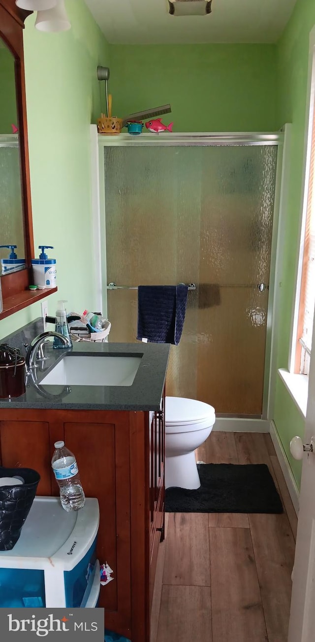 106 Center St, Manns Choice, PA 15550 - full bathroom with wood finished floors, a stall shower, and vanity