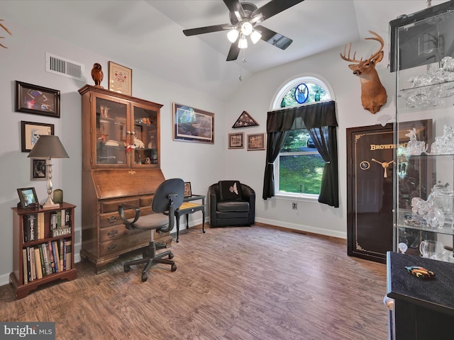 2528 Papoose Dr, Auburn, PA 17922 - office with ceiling fan, wood finished floors, and vaulted ceiling