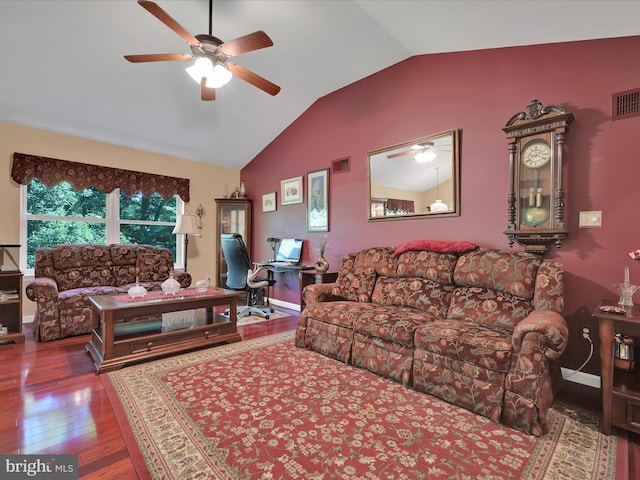 2528 Papoose Dr, Auburn, PA 17922 - living room with ceiling fan, lofted ceiling, hardwood / wood-style floors, and an office area